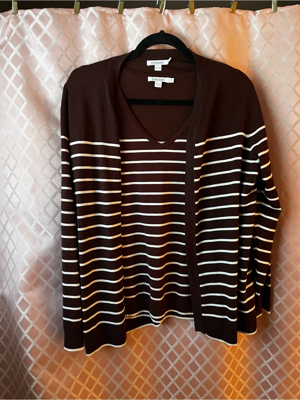 Chico's Brown and White Striped V-Neck Sweater Cardigan Set